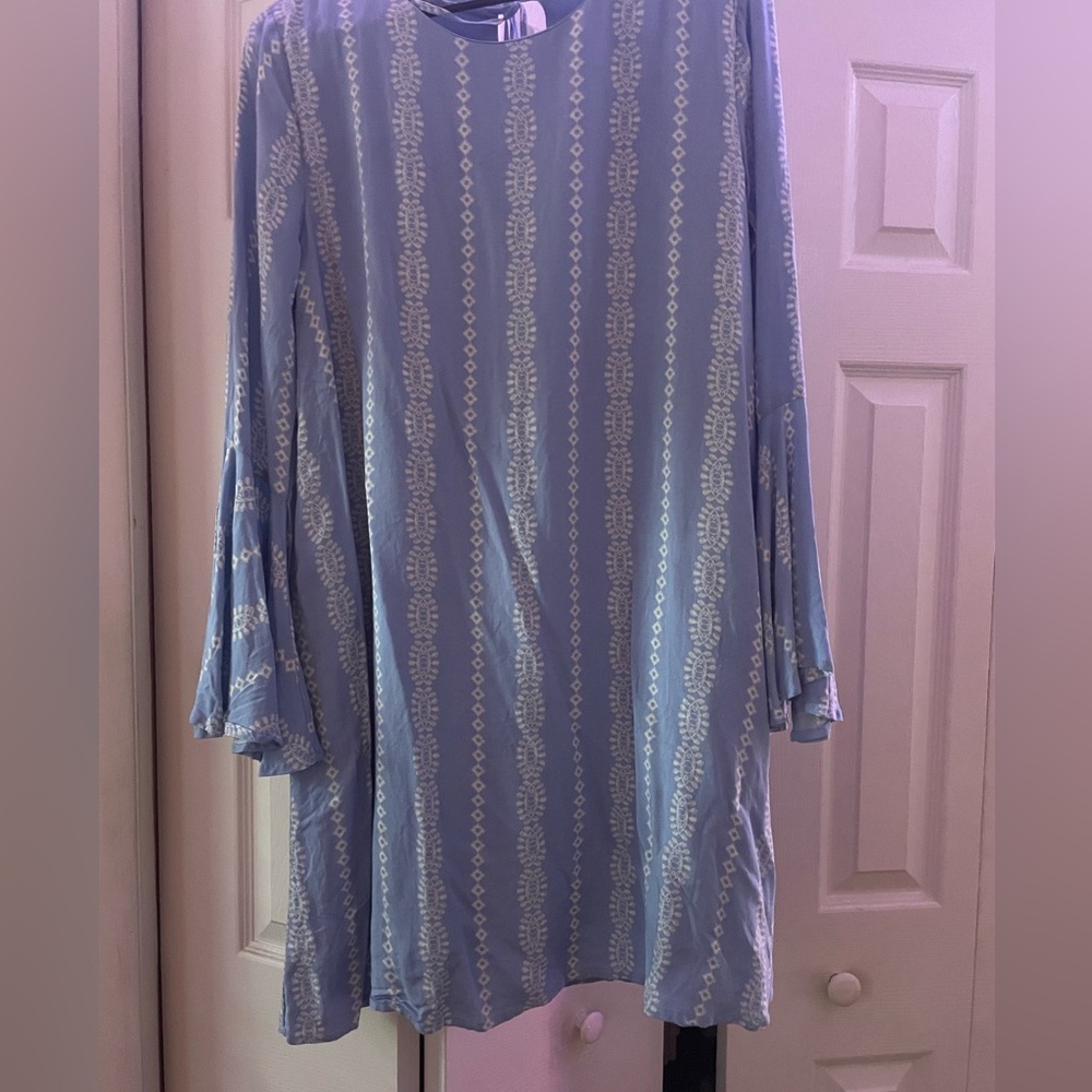 Blue dress, bell bottom sleeves, mini/ knee length